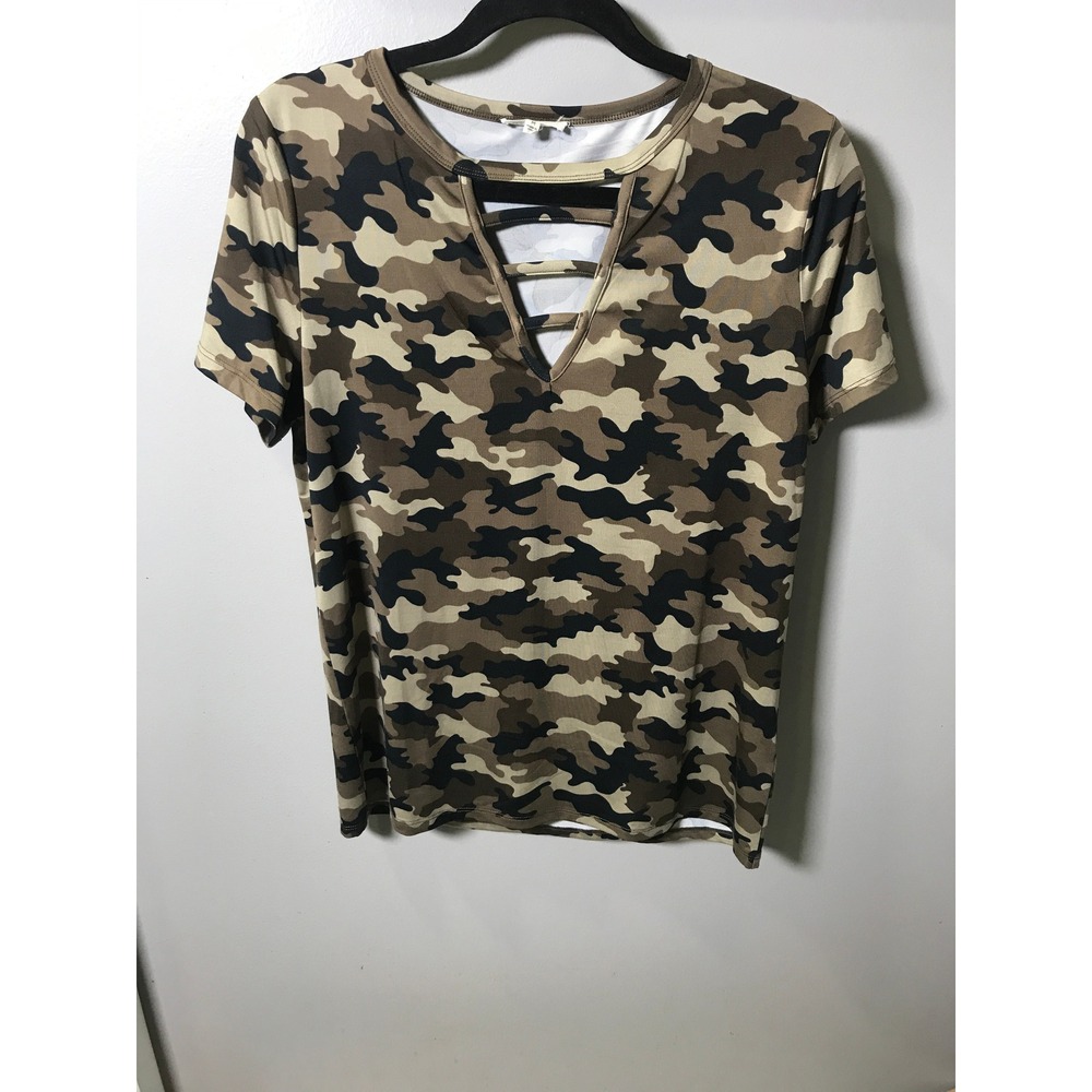 Main Strip Womens Camo Print Cutout V-Neck Short Sleeve Top Brown Size Medium